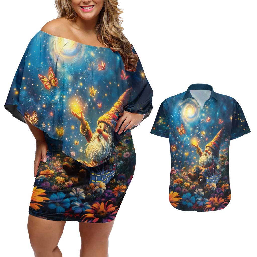 Nollaig Chridheil Scottish Gnome Couples Matching Off Shoulder Short Dress and Hawaiian Shirt Merry Christmas with Starry Night LT9 - Wonder Print Shop