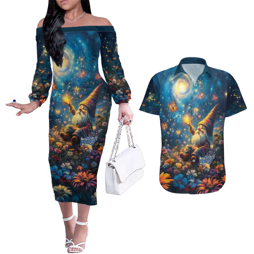 Nollaig Chridheil Scottish Gnome Couples Matching Off The Shoulder Long Sleeve Dress and Hawaiian Shirt Merry Christmas with Starry Night LT9 - Wonder Print Shop