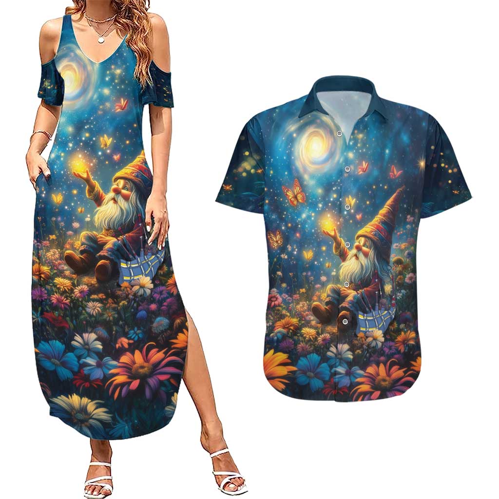 Nollaig Chridheil Scottish Gnome Couples Matching Summer Maxi Dress and Hawaiian Shirt Merry Christmas with Starry Night LT9 - Wonder Print Shop