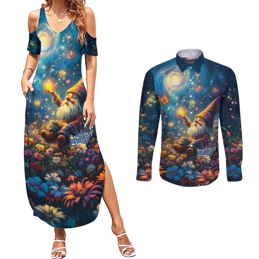 Nollaig Chridheil Scottish Gnome Couples Matching Summer Maxi Dress and Long Sleeve Button Shirt Merry Christmas with Starry Night LT9 - Wonder Print Shop