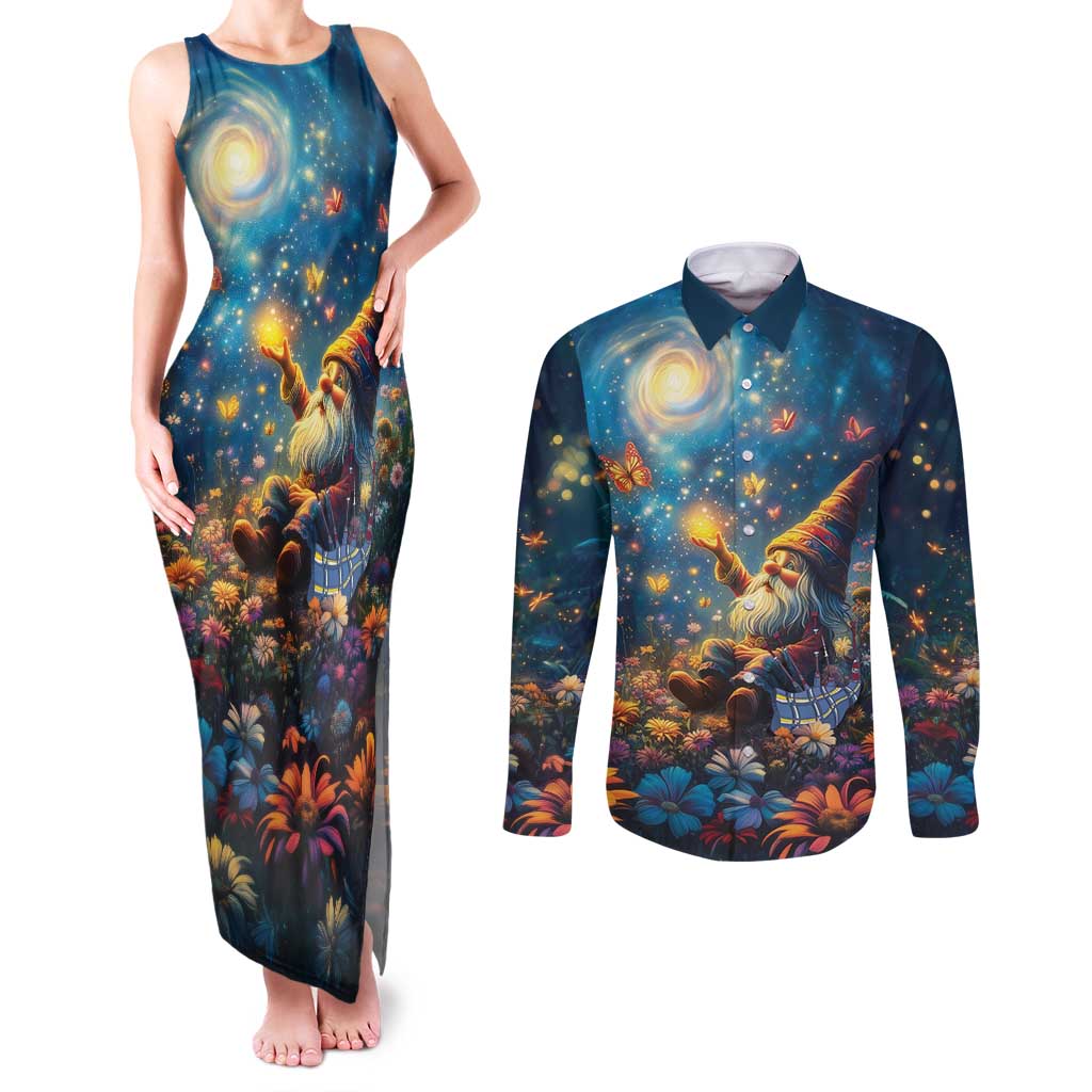 Nollaig Chridheil Scottish Gnome Couples Matching Tank Maxi Dress and Long Sleeve Button Shirt Merry Christmas with Starry Night LT9 - Wonder Print Shop