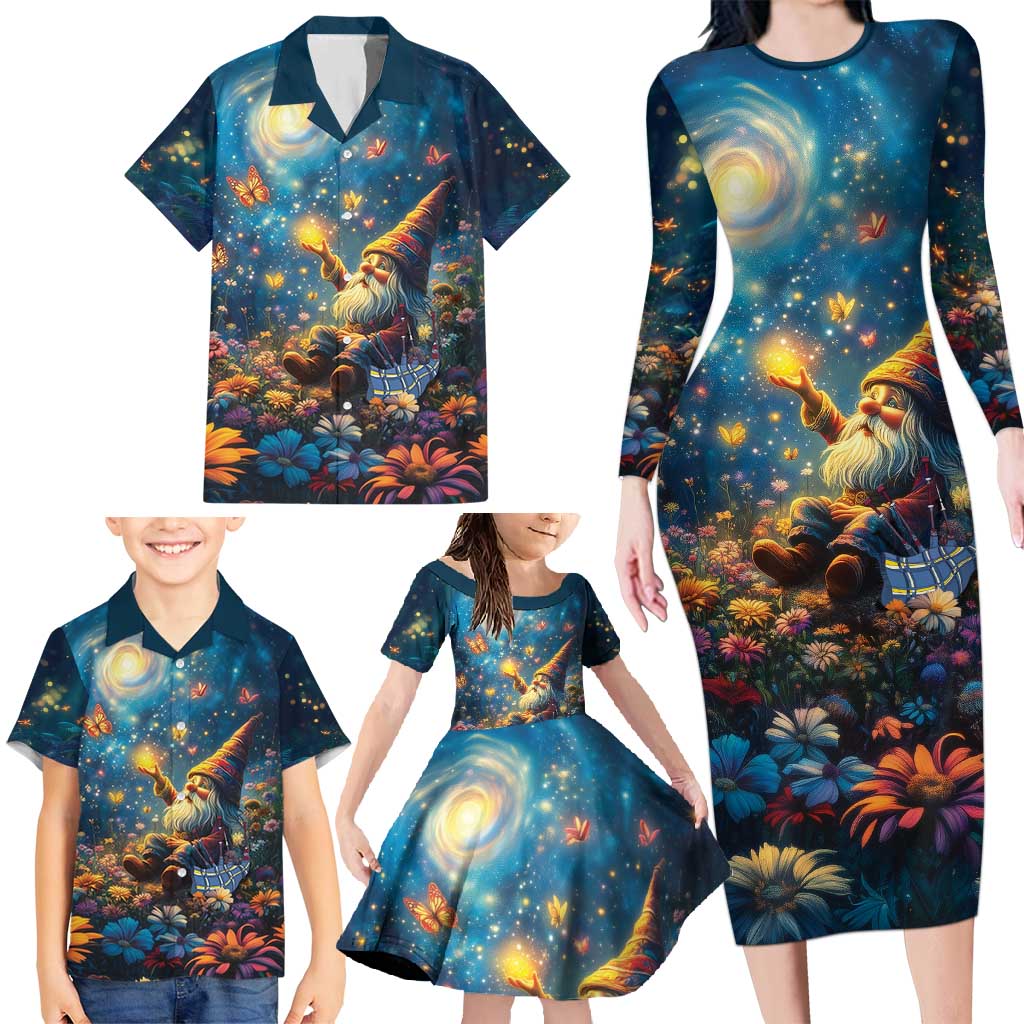 Nollaig Chridheil Scottish Gnome Family Matching Long Sleeve Bodycon Dress and Hawaiian Shirt Merry Christmas with Starry Night LT9 - Wonder Print Shop