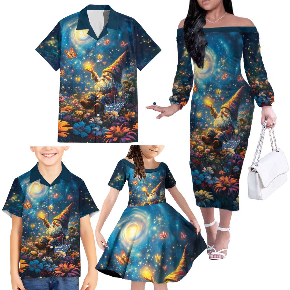 Nollaig Chridheil Scottish Gnome Family Matching Off The Shoulder Long Sleeve Dress and Hawaiian Shirt Merry Christmas with Starry Night - Wonder Print Shop