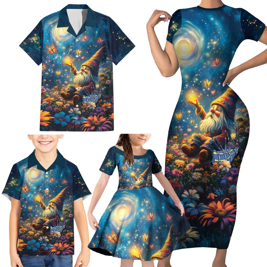 Nollaig Chridheil Scottish Gnome Family Matching Short Sleeve Bodycon Dress and Hawaiian Shirt Merry Christmas with Starry Night - Wonder Print Shop