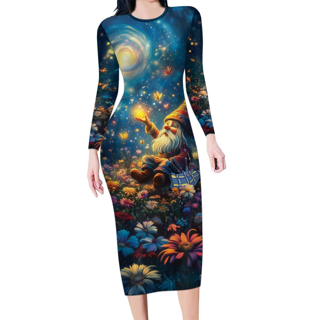 Nollaig Chridheil Scottish Gnome Long Sleeve Bodycon Dress Merry Christmas with Starry Night - Wonder Print Shop