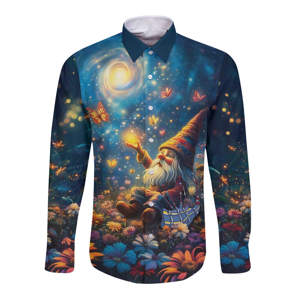 Unisex long sleeve button shirt, dark with colorful gnome, starry night, butterflies