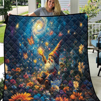 Blue quilt with celestial angel, glowing stars, butterflies, and autumn flower print