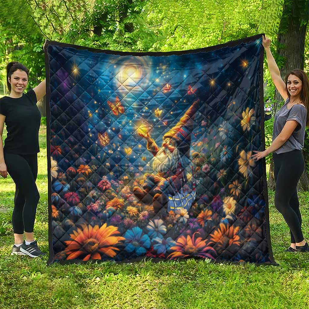 Blue outdoor quilt blanket featuring angel under moon, stars, and orange flowers