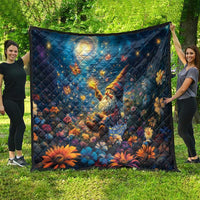 Blue outdoor quilt blanket featuring angel under moon, stars, and orange flowers