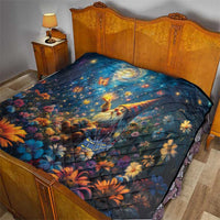 Blue quilt cover on a wooden bed with starry angel, moon, and floral print