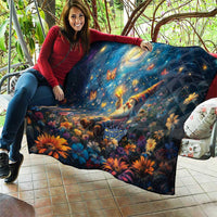 Blue quilt with starry night scene, glowing moon, angel, and colorful flowers