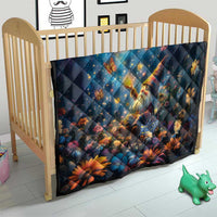 Blue baby quilt with starry angel and moon, diamond pattern, floral border