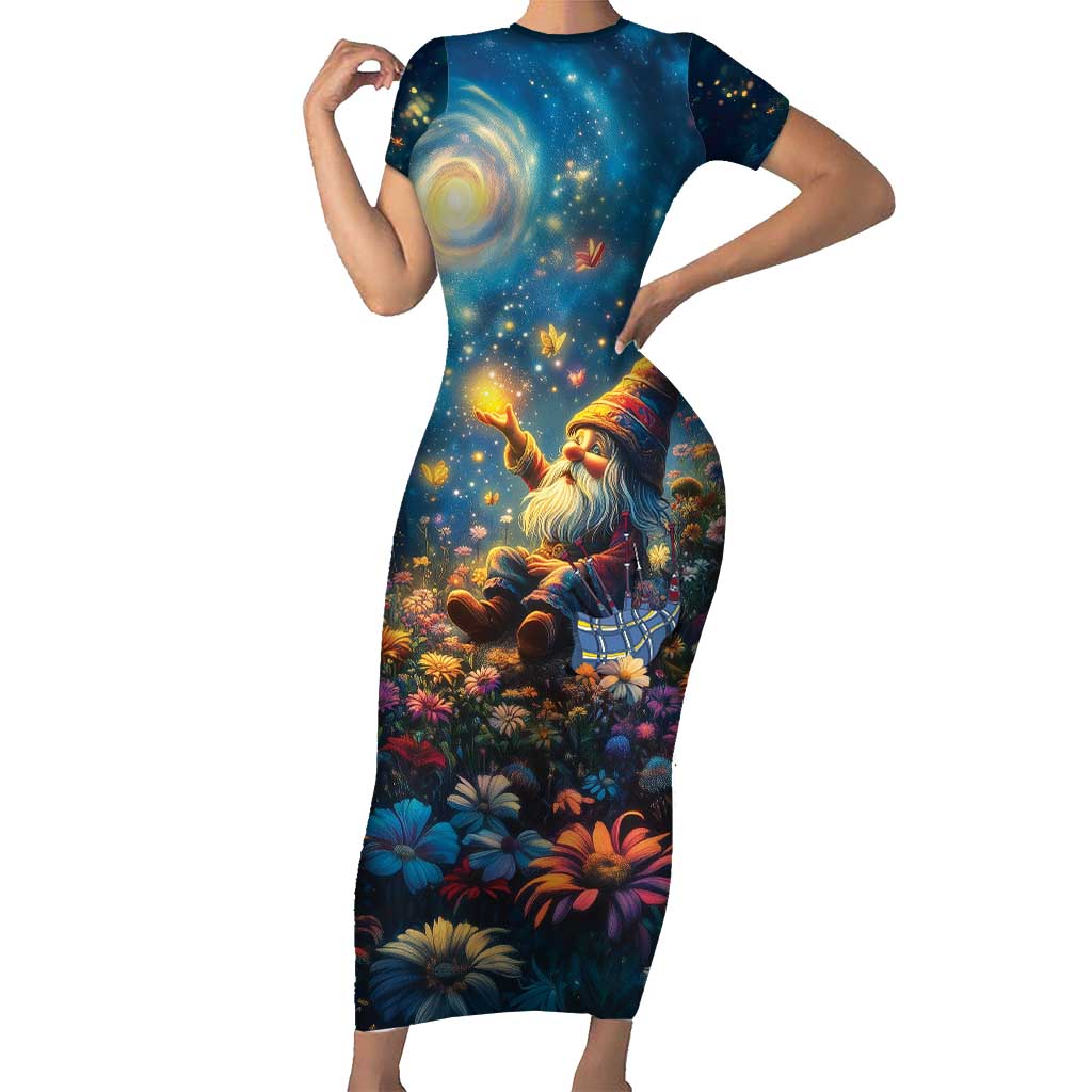 Nollaig Chridheil Scottish Gnome Short Sleeve Bodycon Dress Merry Christmas with Starry Night