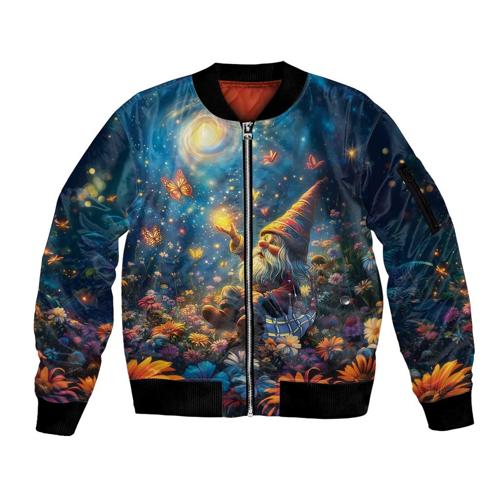 Nollaig Chridheil Scottish Gnome Sleeve Zip Bomber Jacket Merry Christmas with Starry Night