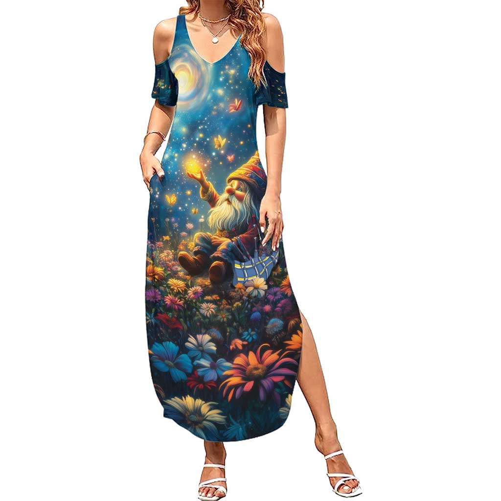 Nollaig Chridheil Scottish Gnome Summer Maxi Dress Merry Christmas with Starry Night