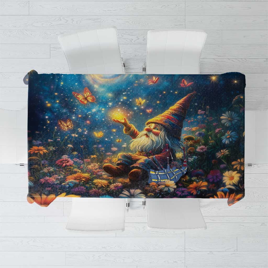 Scottish gnome tablecloth, dark navy background with colorful starry-night scene