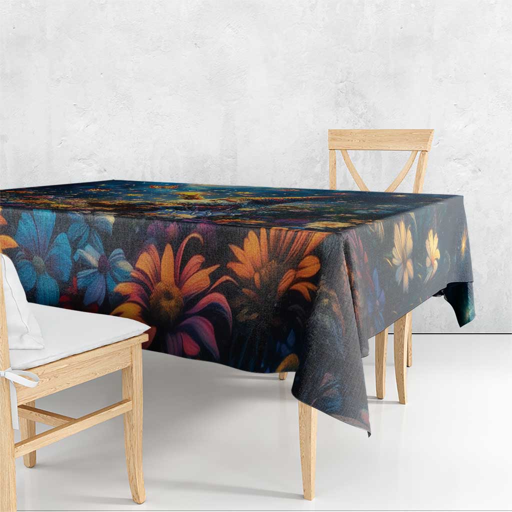 Square dark navy tablecloth with vivid orange and blue leaf and flower print