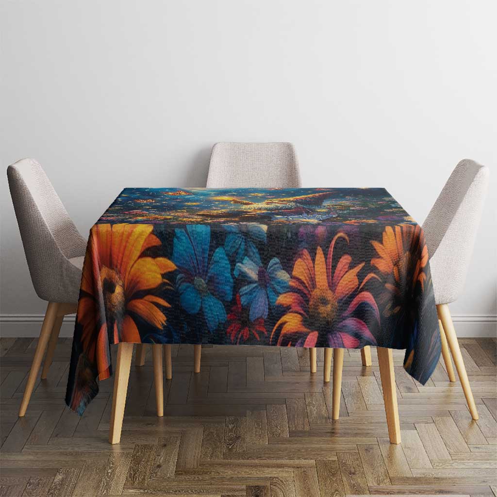Rectangular dark navy tablecloth with bright orange and blue tropical floral design