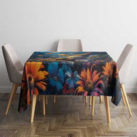 Rectangular dark navy tablecloth with bright orange and blue tropical floral design