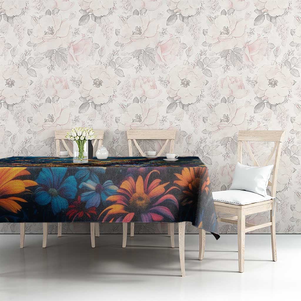 Dark navy tablecloth with orange and blue tropical floral print on dining table