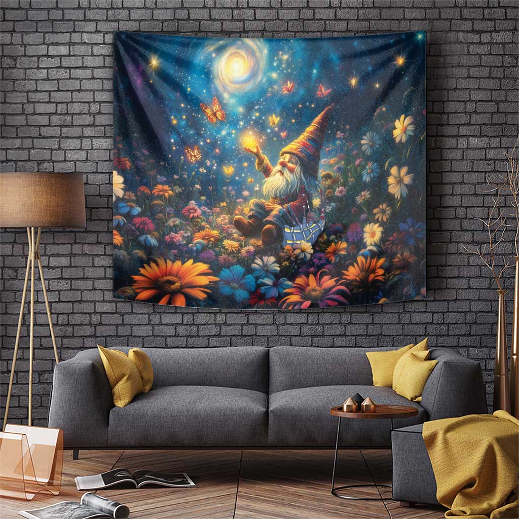 Scottish gnome Christmas tapestry with glowing moon, butterflies, and colorful flowers
