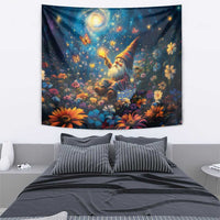 Scottish gnome tapestry on wall with starry night glow, butterflies, and flower scene