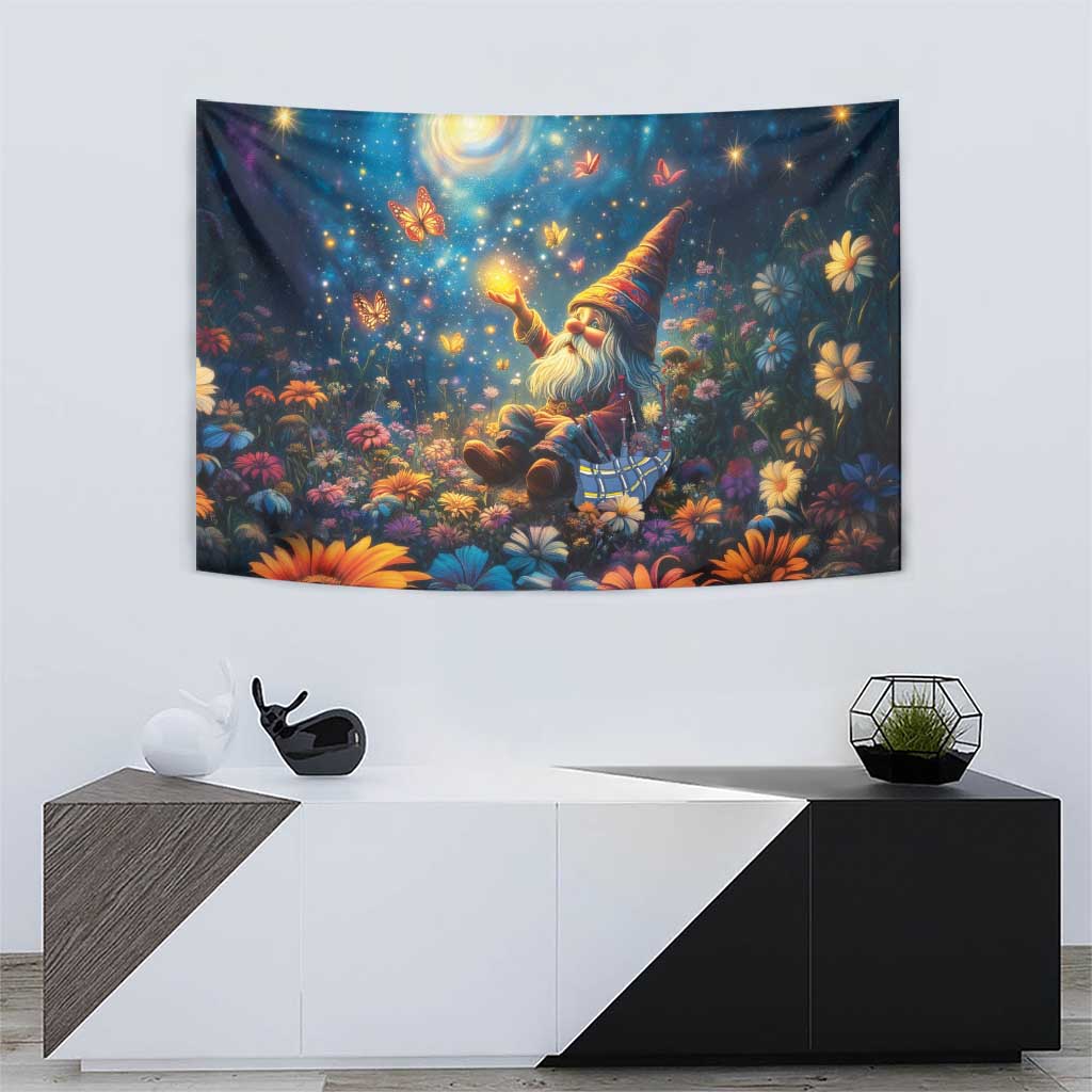 Scottish gnome tapestry above console, moonlit flowers with butterflies and glowing gnome