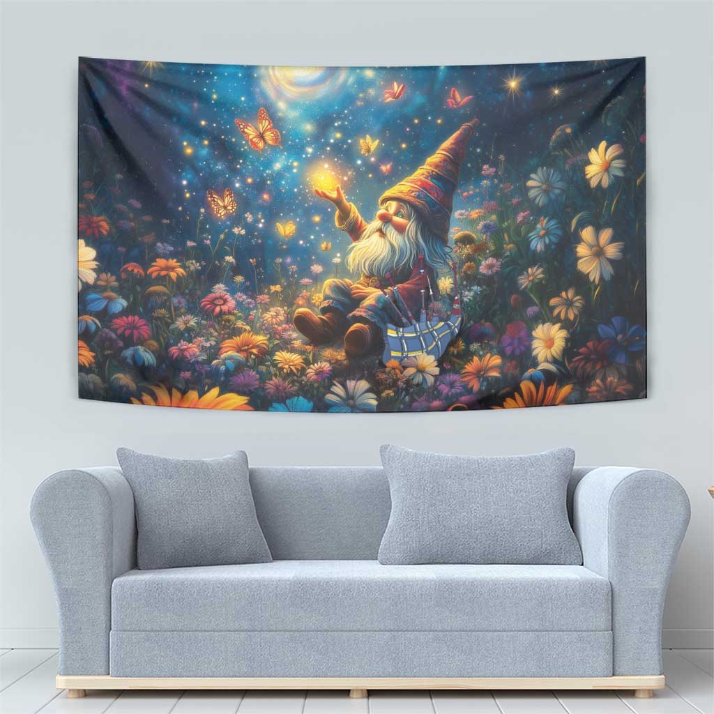 Scottish gnome tapestry above sofa, moonlit flowers with butterflies and gnome