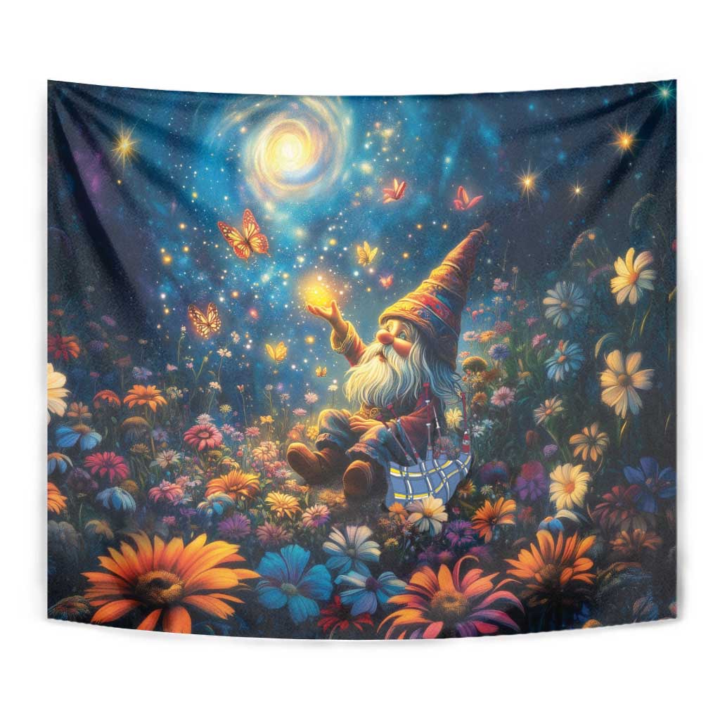 Scottish gnome Christmas tapestry close-up, moon glow, butterflies, and colorful flowers