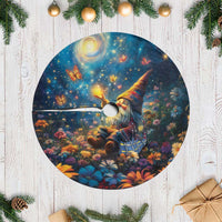 Round blue Christmas tree skirt with gnome in fantasy starry night design