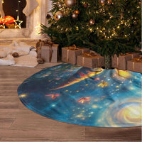 Round blue Christmas tree skirt with starry night gnome artwork, white fringe edge