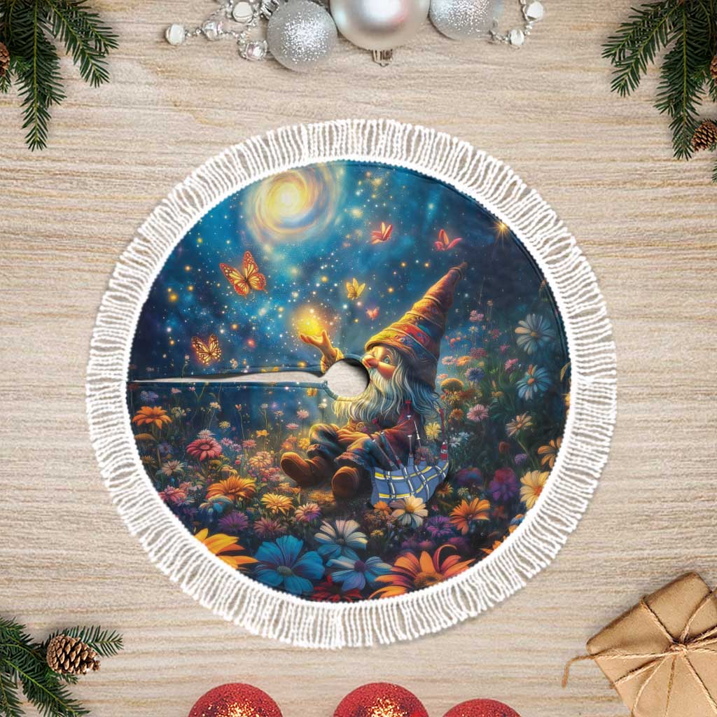Round blue Christmas tree skirt with gnome and starry night scene, white fringed border