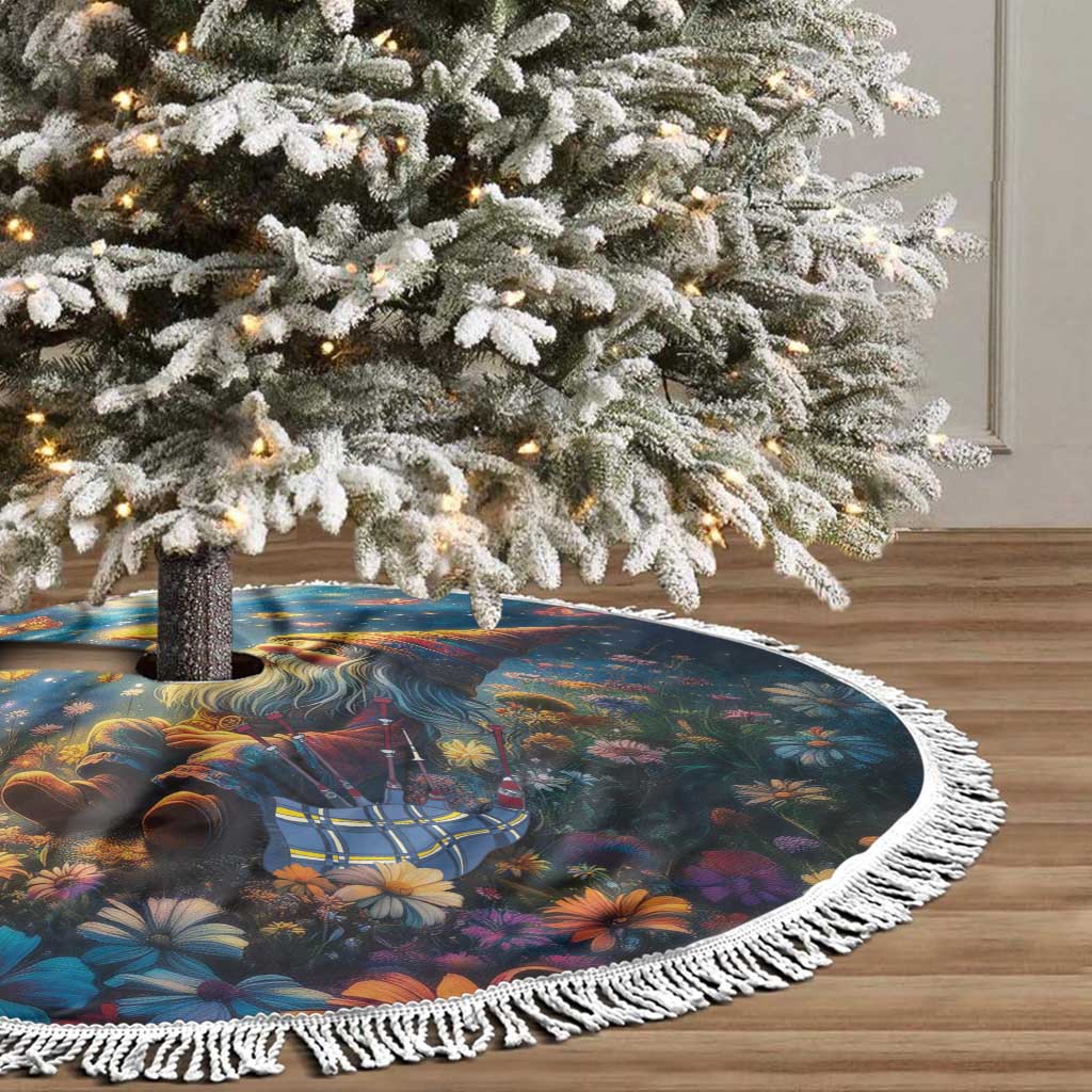 Round blue Christmas tree skirt with gnome starry night print and white fringe trim