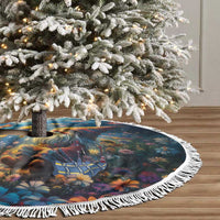 Round blue Christmas tree skirt with gnome starry night print and white fringe trim