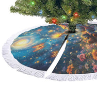 Round blue Christmas tree skirt with starry night gnome print and white fringe border