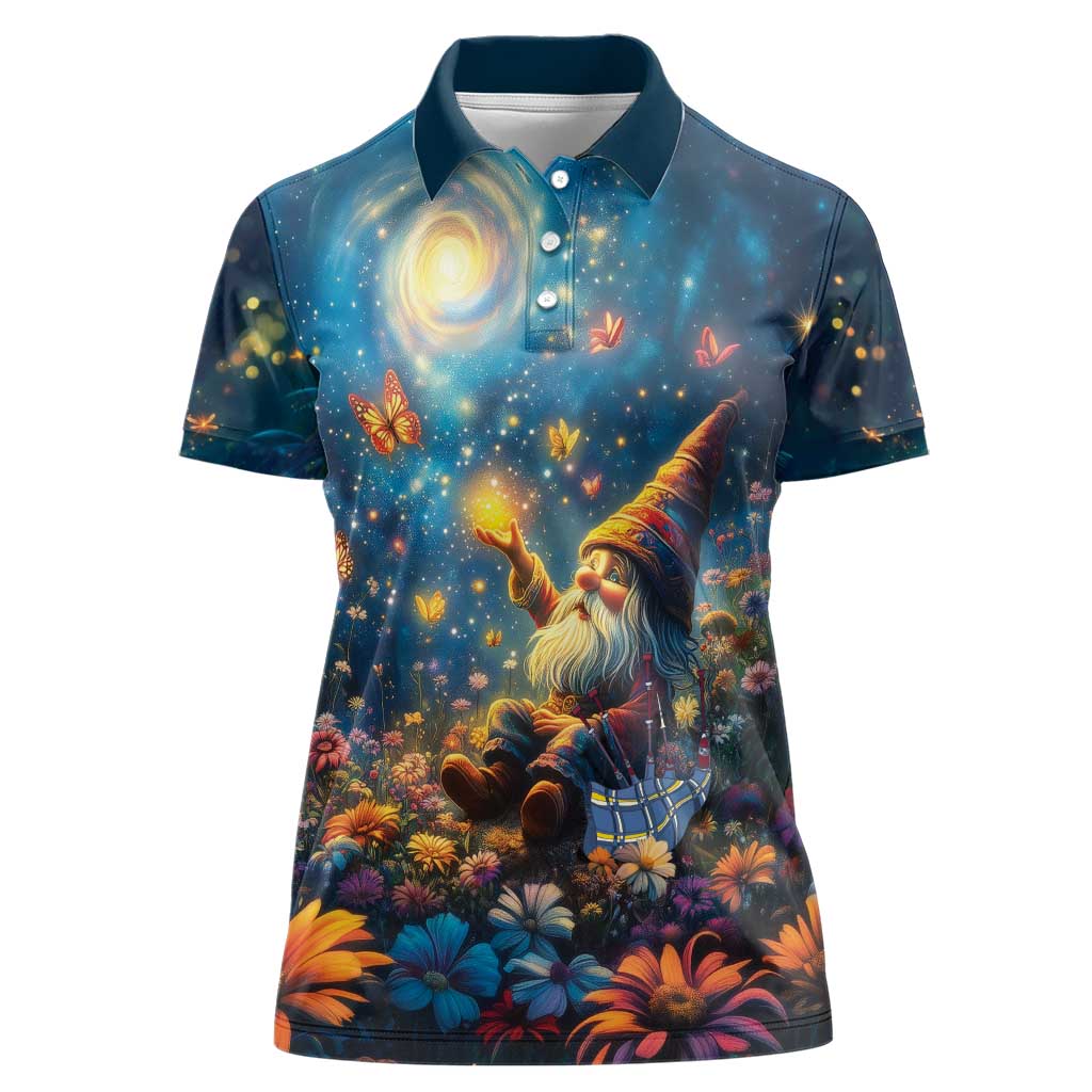 Nollaig Chridheil Scottish Gnome Women Polo Shirt Merry Christmas with Starry Night