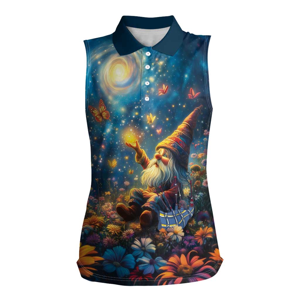 Nollaig Chridheil Scottish Gnome Women Sleeveless Polo Shirt Merry Christmas with Starry Night