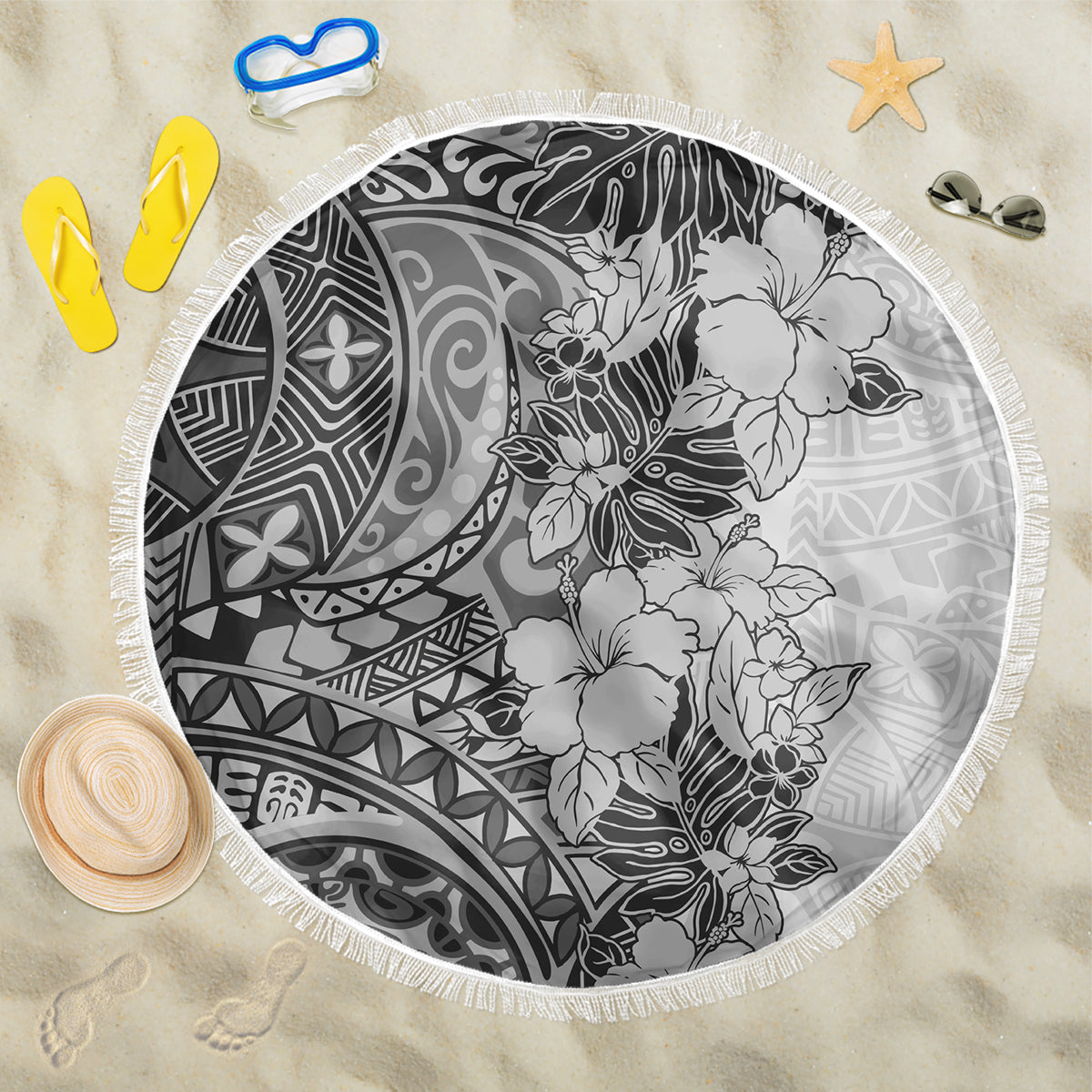 Gray round beach blanket with hibiscus tribal floral print and fringed edge