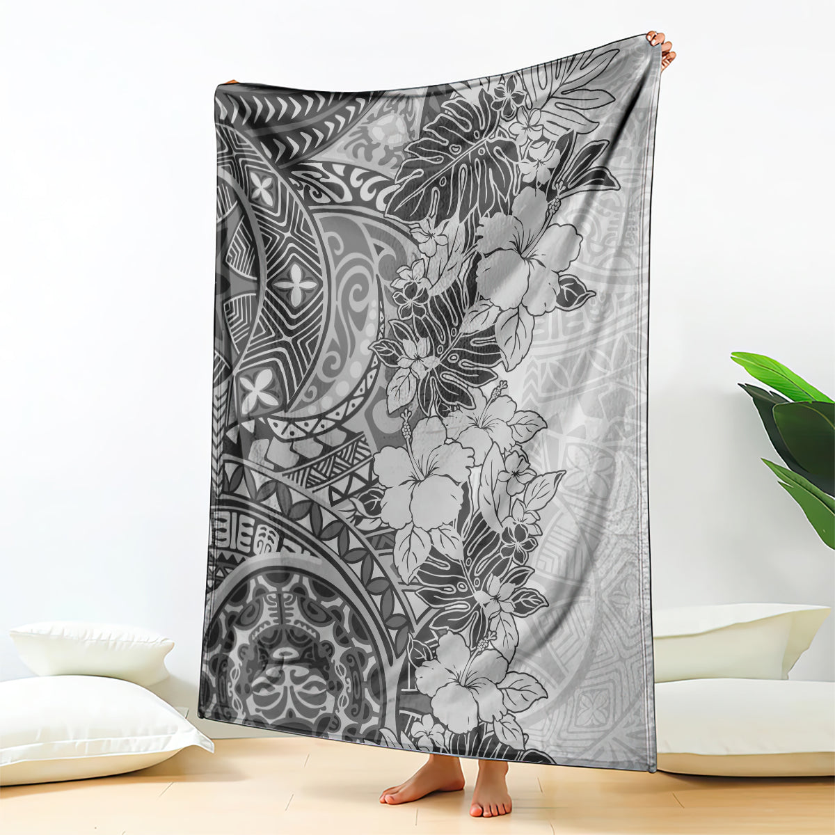 polynesia-blanket-hibiscus-and-hawaiian-tribal-tattoo-retro-style-gray-color