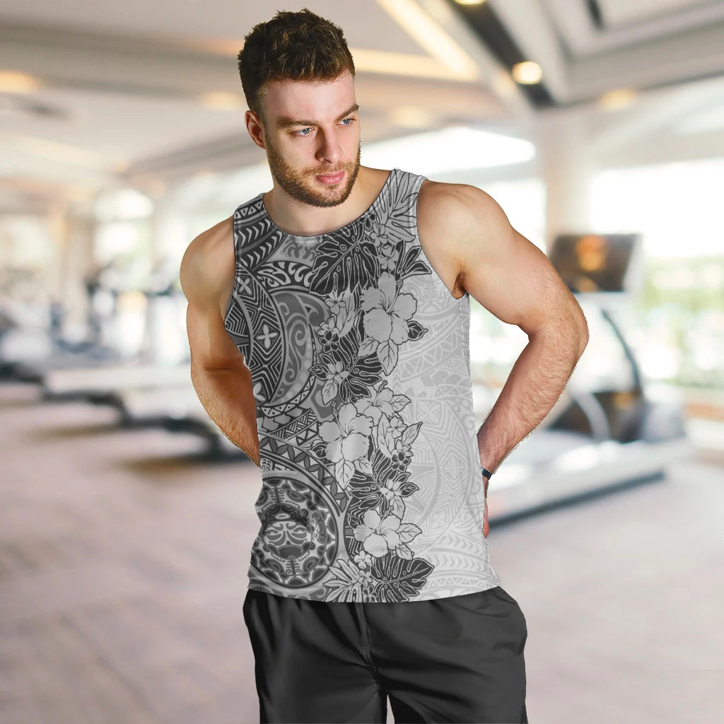 Polynesia Men Tank Top Hibiscus and Hawaiian Tribal Tattoo Retro Style Gray Color - Wonder Print Shop