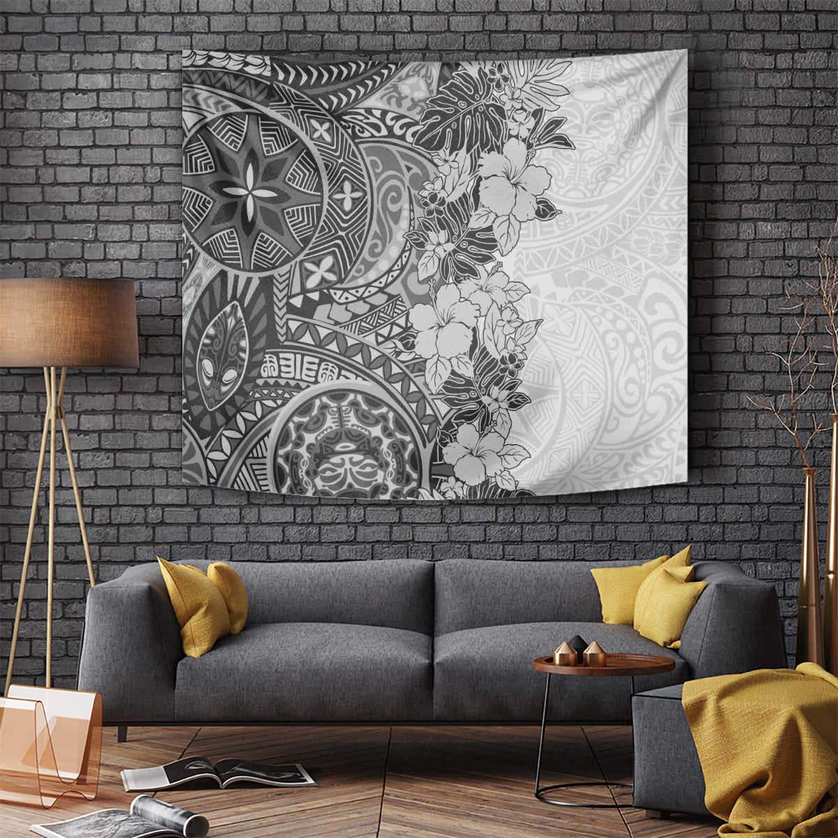 polynesia-tapestry-hibiscus-and-hawaiian-tribal-tattoo-retro-style-gray-color