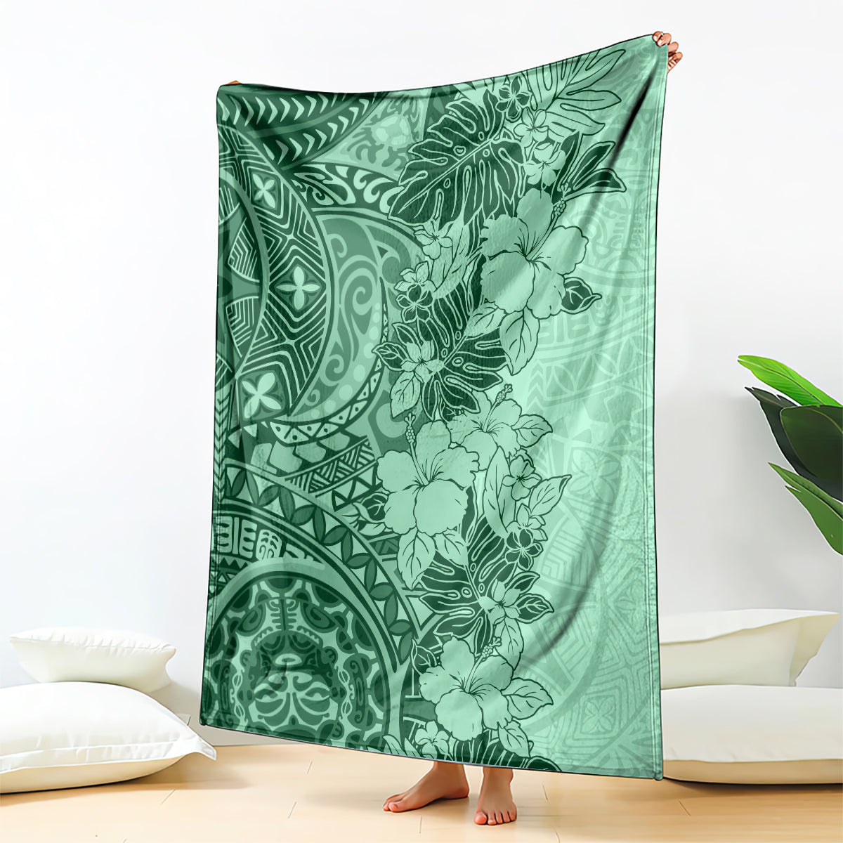 polynesia-blanket-hibiscus-and-hawaiian-tribal-tattoo-retro-style-green-color