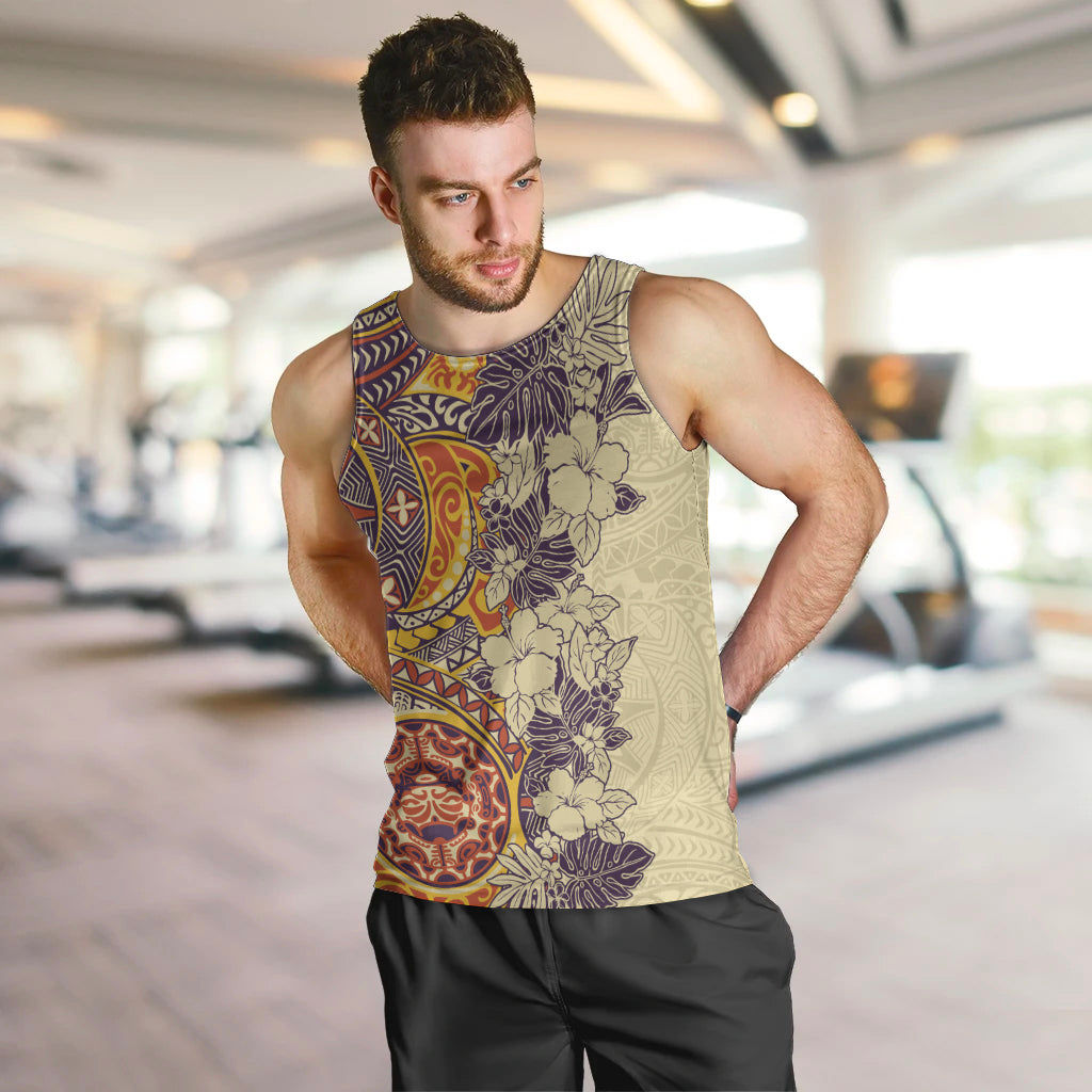 Polynesia Men Tank Top Hibiscus and Hawaiian Tribal Tattoo Retro Style Tan Color - Wonder Print Shop