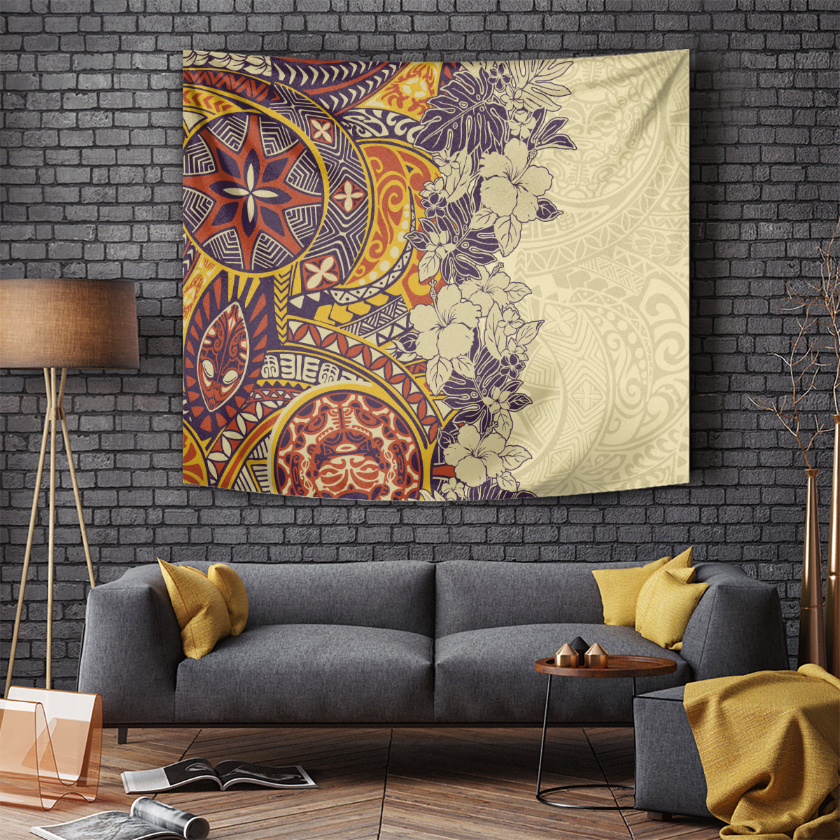 polynesia-tapestry-hibiscus-and-hawaiian-tribal-tattoo-retro-style-tan-color