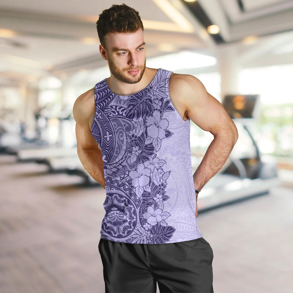 Polynesia Men Tank Top Hibiscus and Hawaiian Tribal Tattoo Retro Style Violet Color - Wonder Print Shop