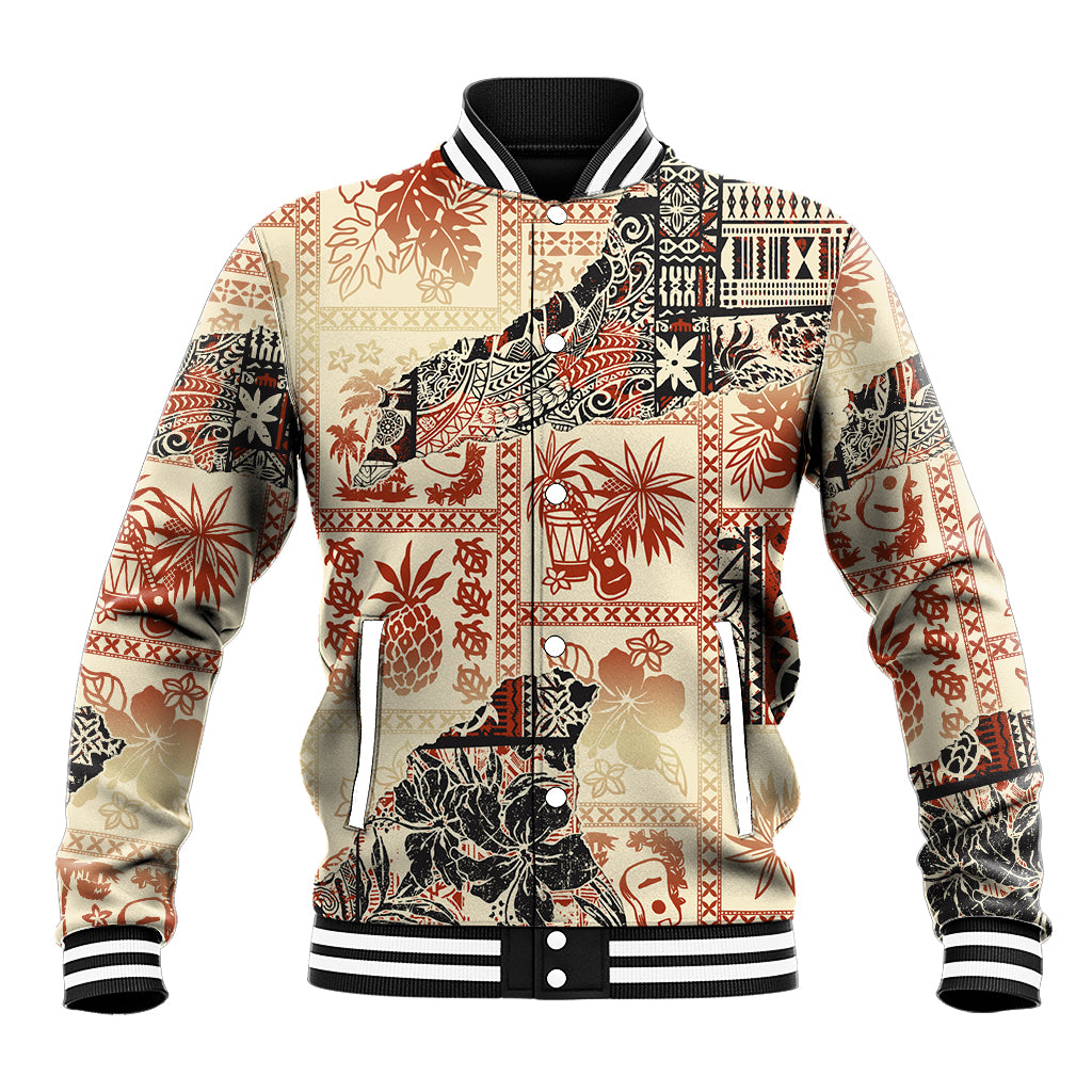 Beige baseball jacket with orange/black tribal print, snap front, ribbed striped cuffs.