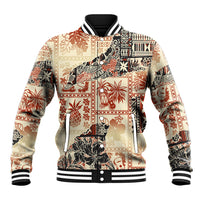 Beige baseball jacket with orange/black tribal print, snap front, ribbed striped cuffs.