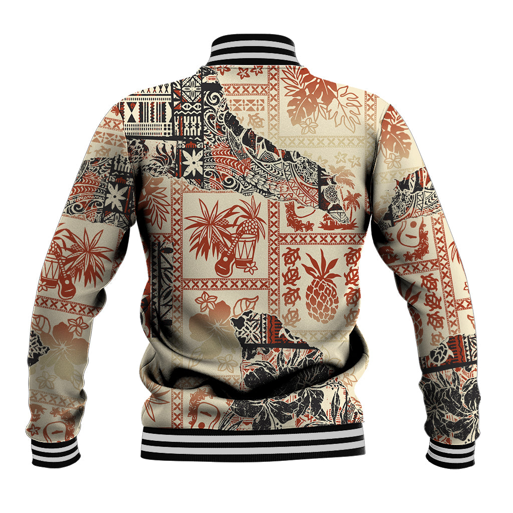 Beige baseball jacket back with orange and black tribal panels, ribbed striped collar and cuffs.
