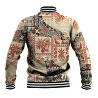 Beige baseball jacket back with orange and black tribal panels, ribbed striped collar and cuffs.