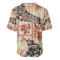 Beige baseball jersey with red, black, and tribal patchwork back print